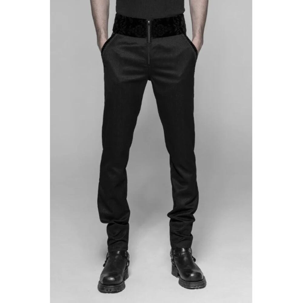 Punk Rave Men’s Gothic Dark Stripe Trousers Velvet Waistband Large